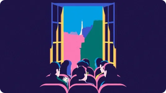 personnes dans un cinéma avec une fenêtre qui donne sur la Tour Eiffel